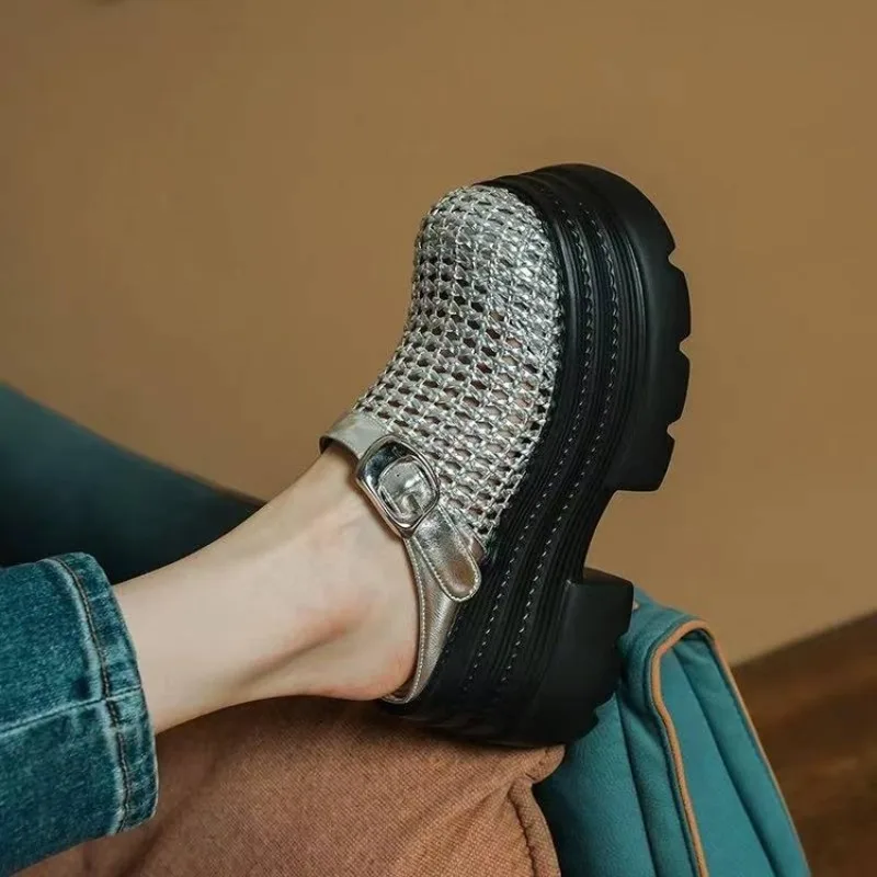 

Mesh Platform High Heels Weave Women Slippers Hollow Sandals Mules Casual Shoes Woman 2025 Summer Fad Beach Loers Slides Dress