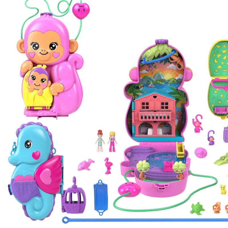 New Surprise Doll Polly Pocket Playset Pocket 2-in-1 Momma Monkey Orhippocampus Compact Toy Set Gifts for Girls