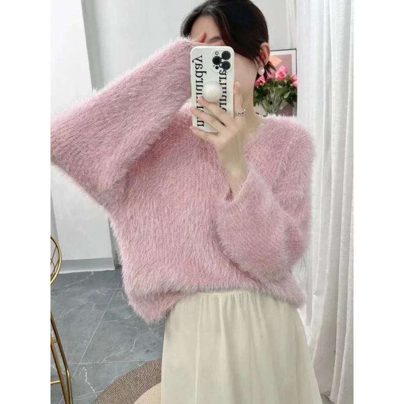 Furry Fashion Fil-Lumiere V-neck Pullover Thick Sweater Women's 2024 Winter New High-Grade Elegant Lady Top Wholesale