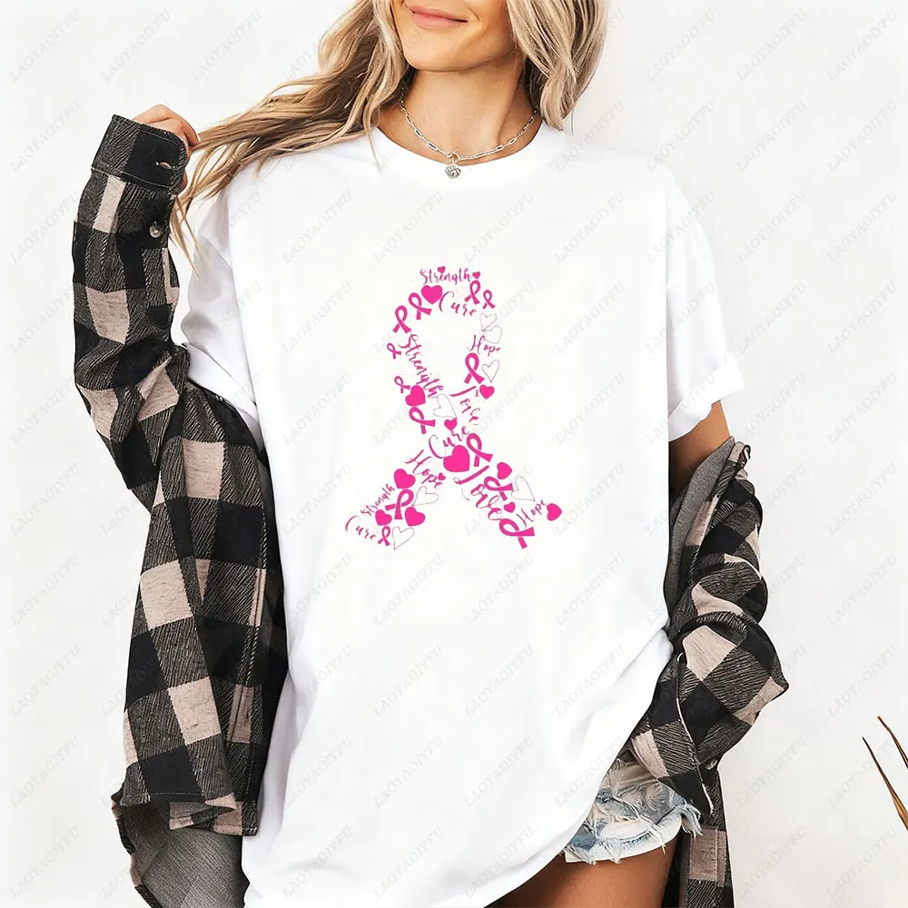 

Women's Breast Cancer Ribbon T-Shirt Summer round Neck Short Sleeve Awareness Survivor Shirt Creative Design Top
