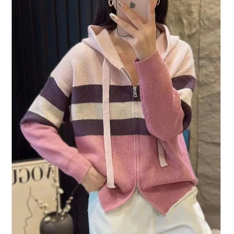 Western style striped double zipper hooded cashmere knit cardigan coat women spring and autumn loose wool hoodie