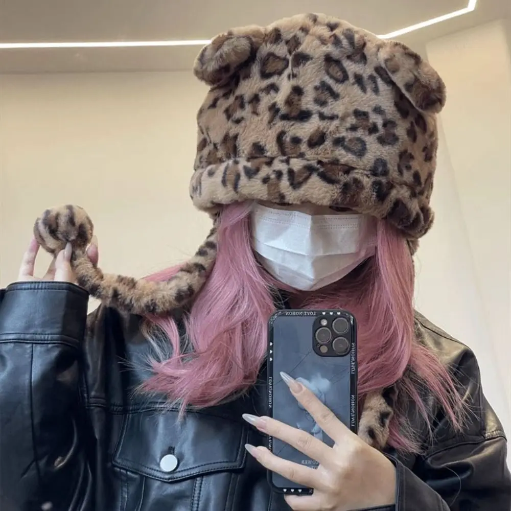 Leopard Print Plush Bear Hat Korean Style Fashion Design Cartoon Fleece Hat Muffler Cartoon Ear Protection Hat Ear Protector