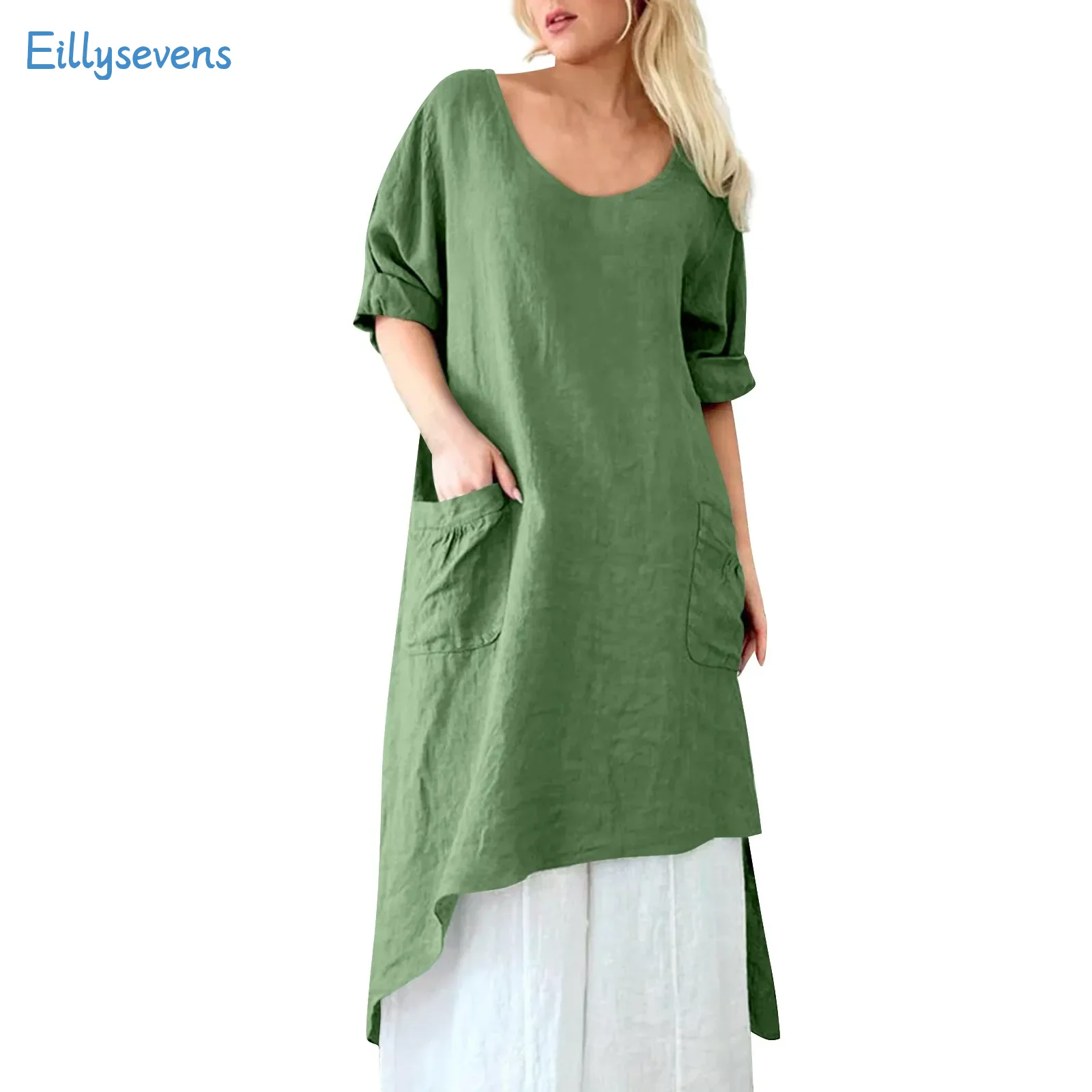 

Women'S Irregular Hem Dresses Daily Commute Versatile Loose Casual Pullover Seven Sleeve Dresses Classic Simple Solid Big Collar