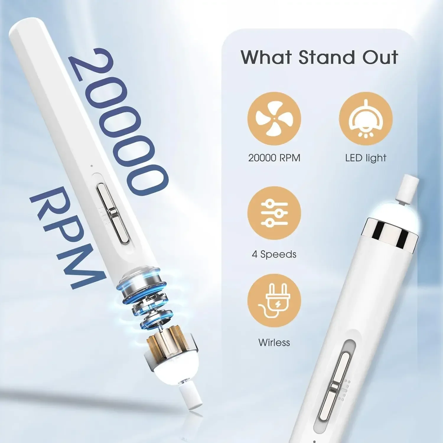 小型ポータブルネイルドリル - 4段階速度調整電動ネイルファイル、キューティクルケア機能付き、5種類の研磨ヘッド付属