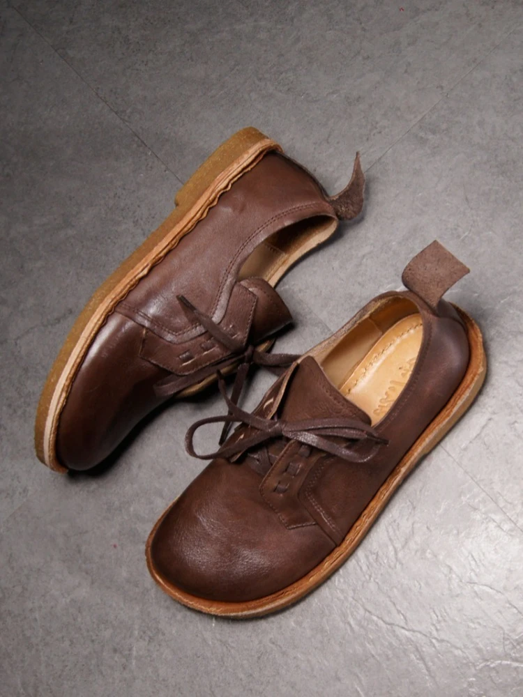 Hipster-Style Men Breathable Casual Leather Shoes Vegetable-Tanned Cowhide Handcrafted Vintage Style Soft-Sole Driving Shoes