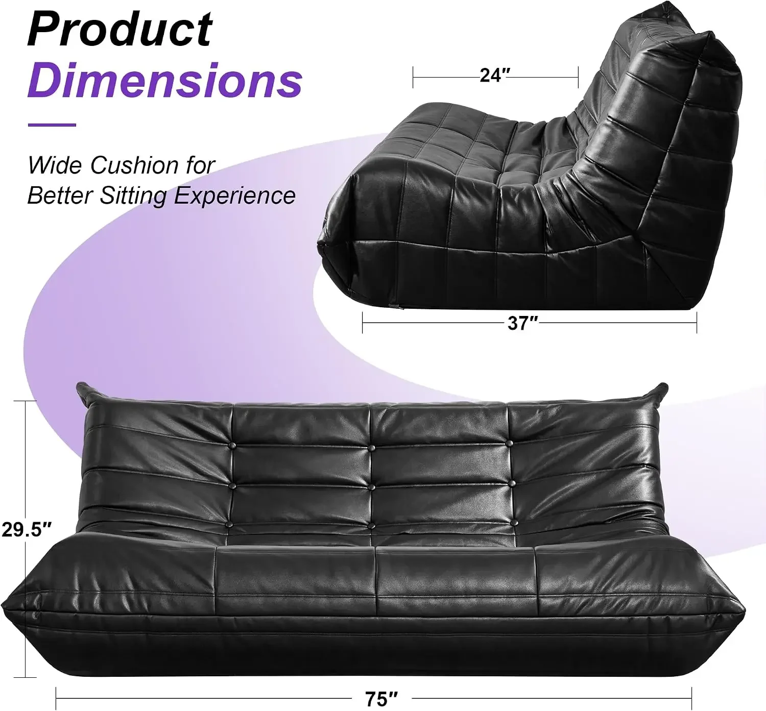 Bean Bag Leather Couch Togo Chair Memory Foam Living Room Adult | Medium Black,Ergonomic Design,Floor Chair,Waterproof,Easy Clea