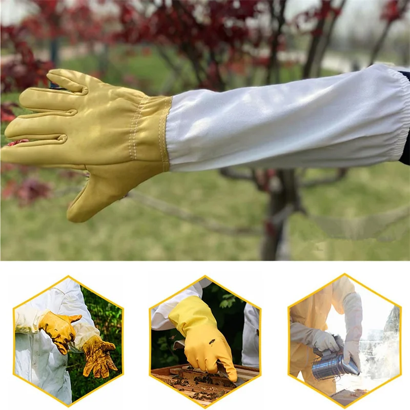 Honey Harvesting Gloves Bee Inspection Gloves Protective Beekeeping Gloves Breathable Canvas Goat Leather Sleeves For Anti-bee