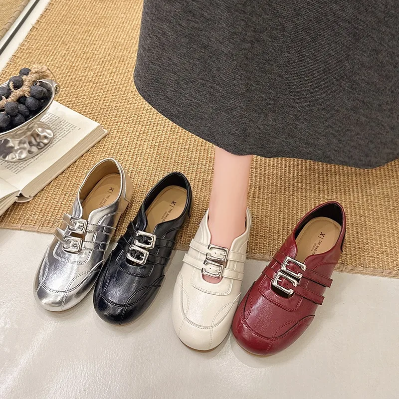 

2026 Retro Double-buckle Women's Flats Shoes Versatile Slimming New Soft-soled Casual Breathable Round Toe Women Single Shoes