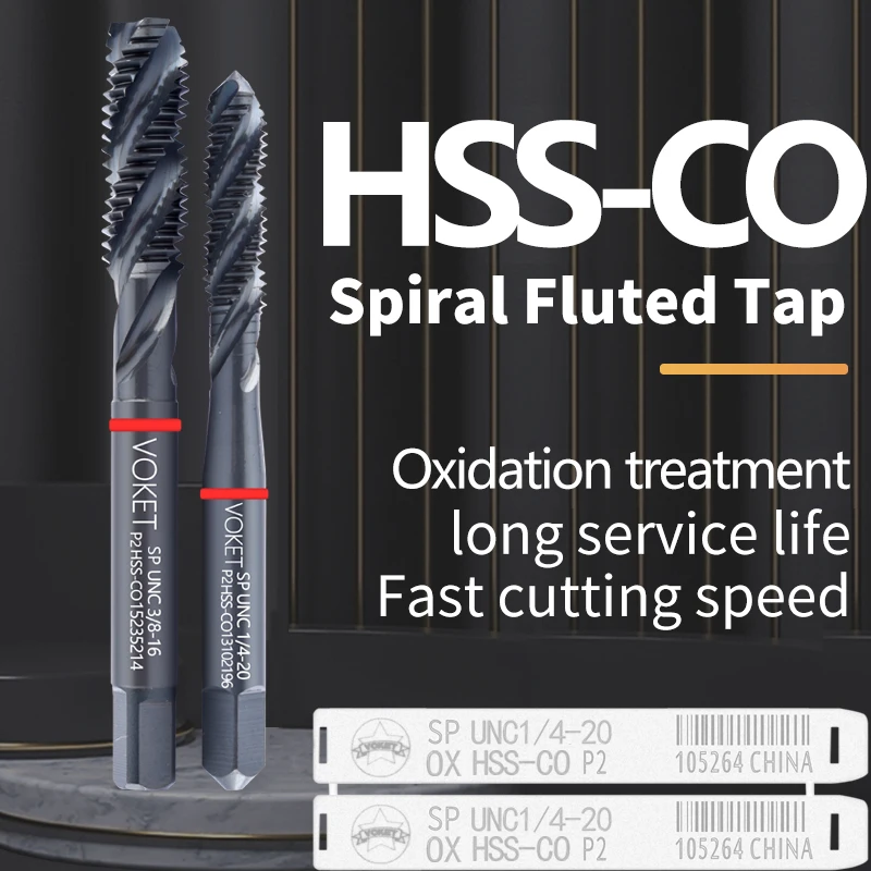 VOKET 1PCS HSS-CO Red Ring JIS Standard With OX Spiral Fluted Tap UNC UNF 4-40 6-32 8-32 10-24 1/4 3/8 Gwintowniki maszynowe