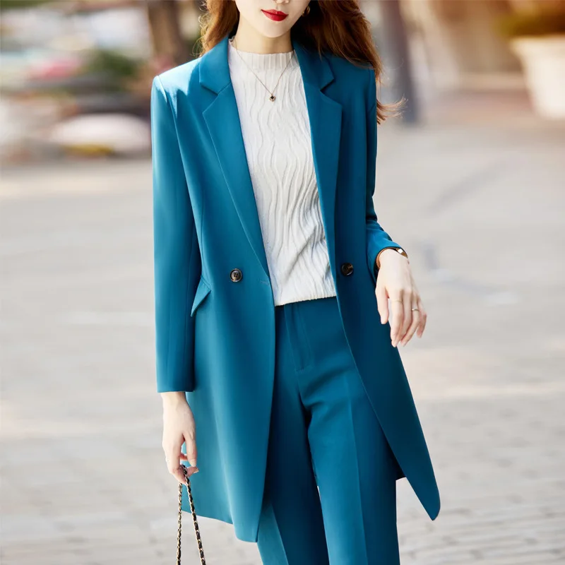 

High Quality Fabric Women Business Suits Middle Long Windbreaker and Pants Autumn Winter Professional Jackets Coat Tops Outwear