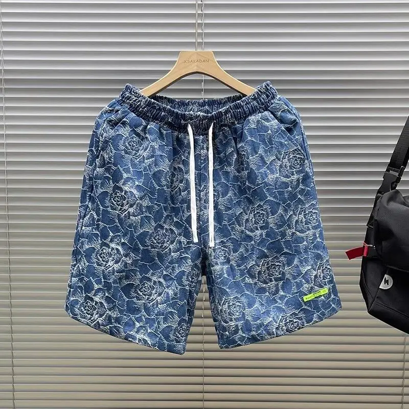 Sommer 2025, neues Design, florale geprägte Textur, Denim-Shorts, Herrenmode, lässig, knielang, lose Baggy, atmungsaktiv, kurze Hosen