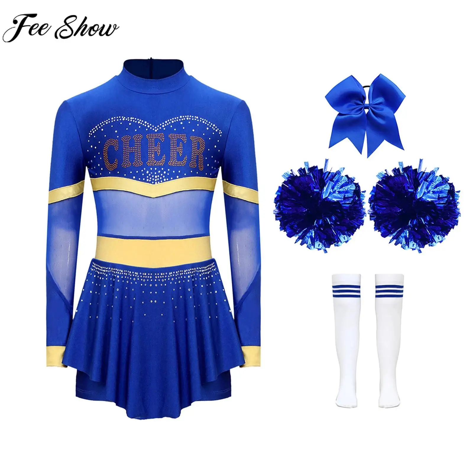 Girls Cheerleading Costume Leotard Dress with Hand Flower Hair Tie Socks for Halloween Carnival Sports Meeting School Party