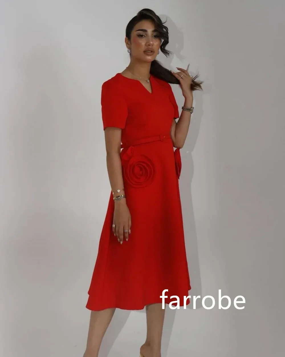 Customized Classic Jersey Pleat Flower A-line V-neck Midi Dresses  Prom Dresses Exquisite Modern Style Pastrol Unisex Chinese St