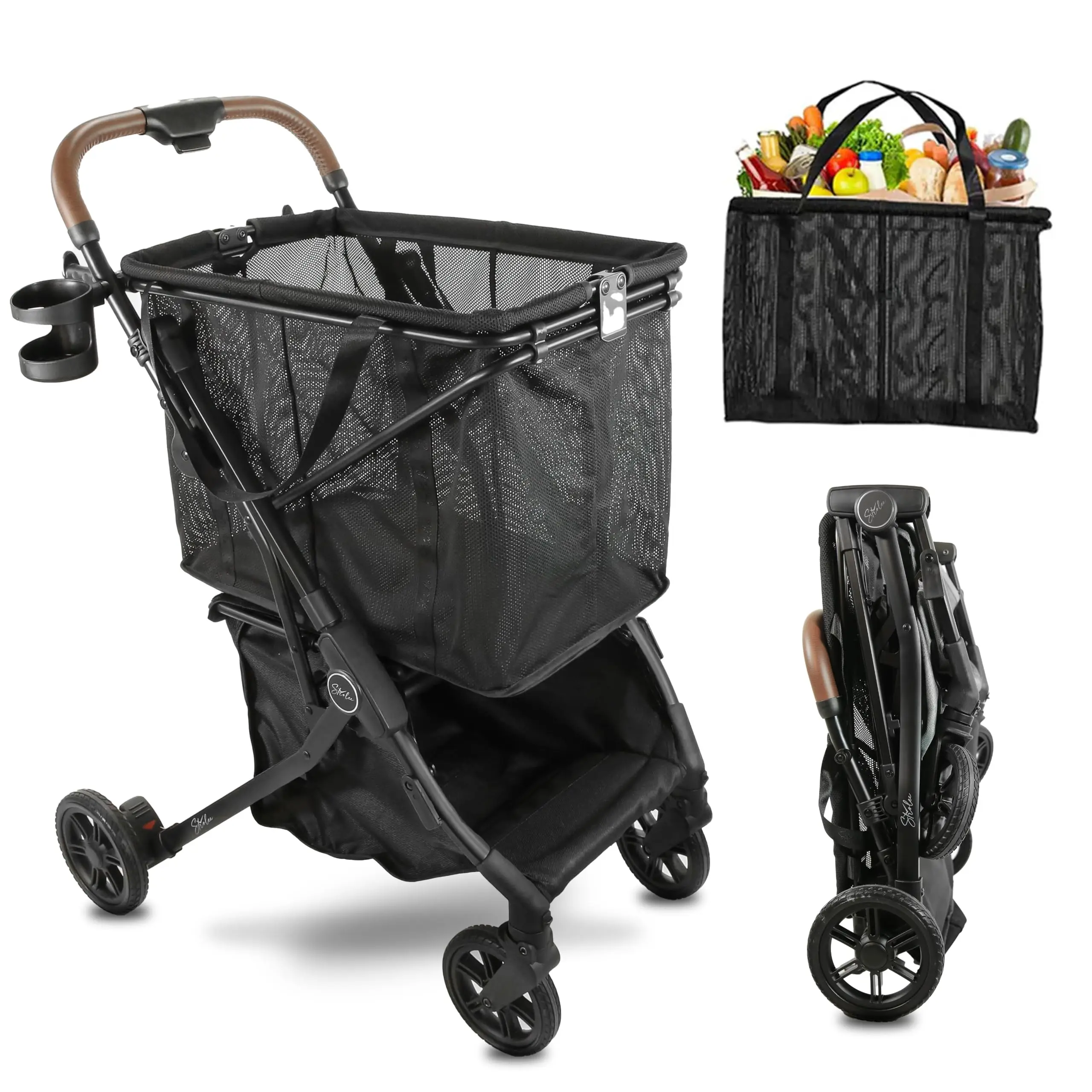 Stability Shopping Cart On Premium Wheels – Lightweight Aluminum Frame – Removable Shopping Bag with Carry Strap &