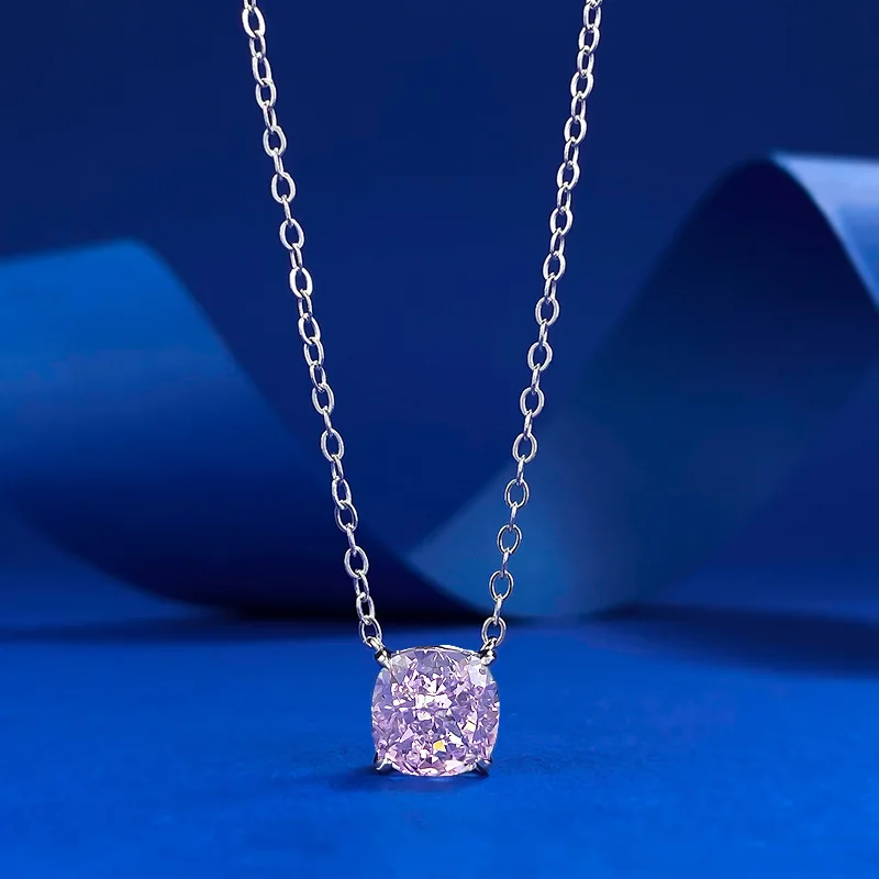 

925 Sterling Silver Cubic Zirconia Cushion Cut Fancy Pink Diamond Pendant Necklace Fine Jewelry