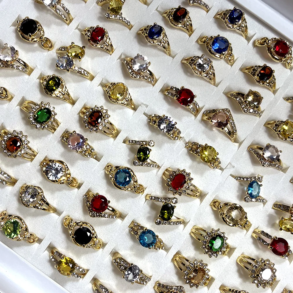 10Pcs Fashion Multicolor Zircon Crystal Gold Plated Ring For Feminine Women Jewelry Bulks Rings Lots LR4215