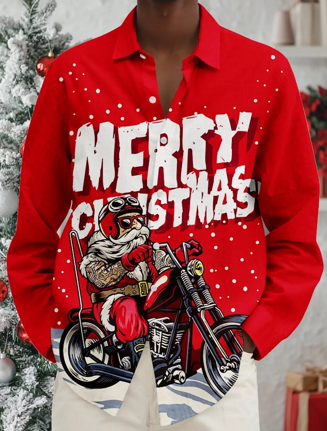 Christmas Theme Men's Santa Claus Motorcycle Printed Shirts Snowflake Vintage Graphics Button Up Long Sleeve Shirt Fashion Tops