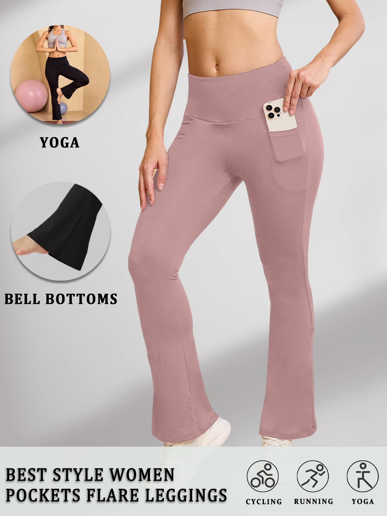 กางเกงเลกกิ้งออกกำลังกายเอวสูงทรงบานขากระดิ่ง ผ้าเนื้อนุ่มพิเศษสำหรับผู้หญิง มีกระเป๋า ช่วยเก็บหน้าท้อง เหมาะสำหรับโยคะ ฟิตเนส และออกกำลังกายทั่วไป