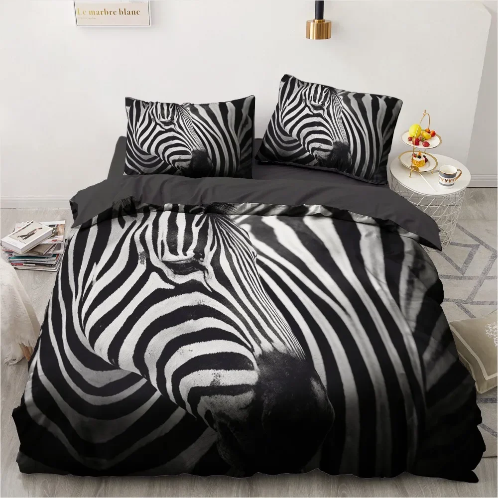 Zebra King Queen Duvet Cover Colorful Animal Bedding Set for Teens Adults Savanna Creatures Black 2/3pcs Polyester Quilt Cover