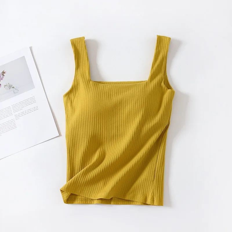 Ribbed Women\'s Camisole Square Neck With Padded Bust Sleeveless Undershirt Solid Color Outerwear Concealing Side