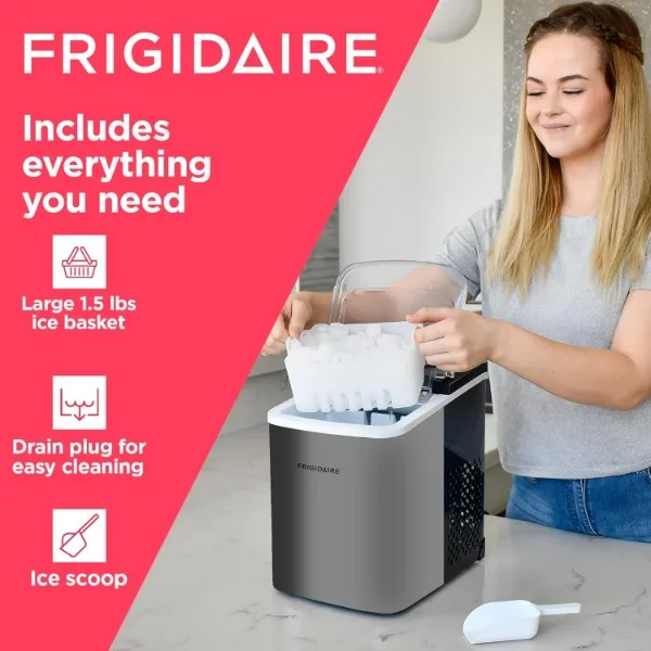 Frigidaire Compact Countertop Ice Maker, produce 26 libbre. Di cubetti di ghiaccio a forma di proiettile al giorno, argento inossidabile