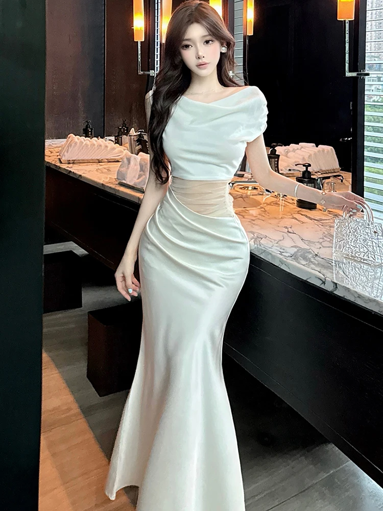 Women Acetate Satin Patchwork Mesh Hollow Out Sexy Dress Summer Elegant Chest Wrapping Dress 2025 Korean Vintage Luxury Vestidos