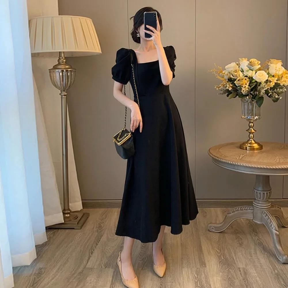 2025 Ladies' Long Skirt with Bubble Sleeves and A Straight Collar That Crosses The Knee  Waist Square Neck Midi Dress in Black