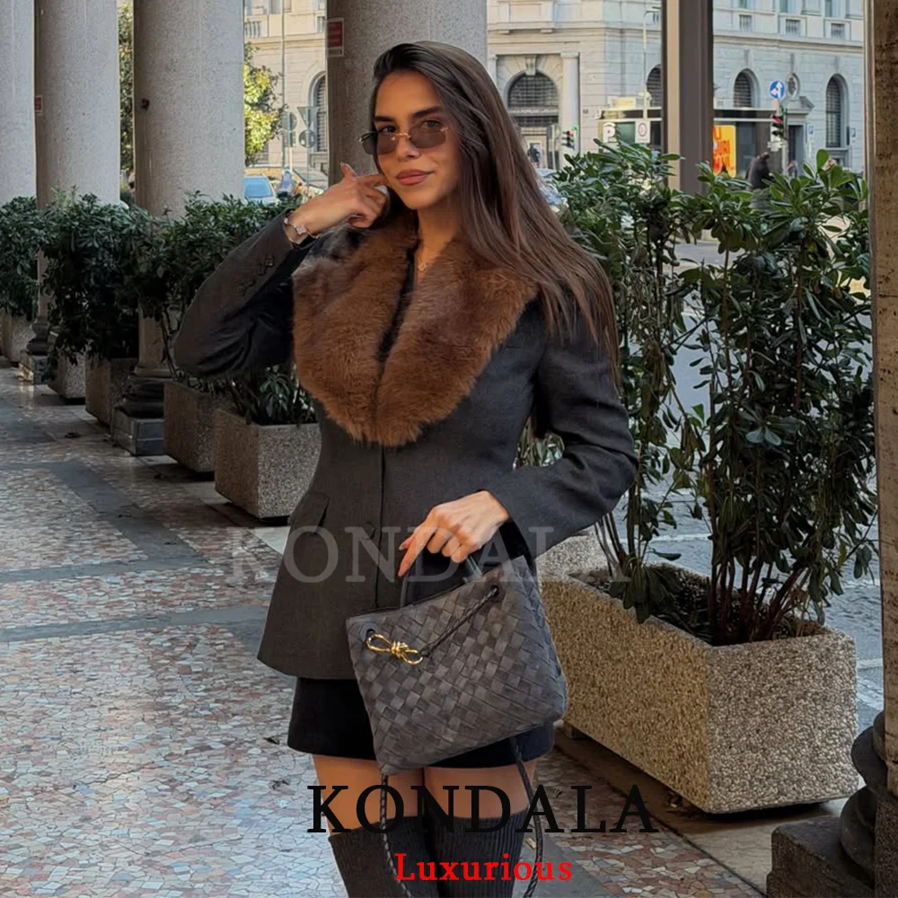 

KONDALA Office Lady Chic Gray Oversized Blazer Fur Collar V Neck Oversized Jackets Women Long Sleeve Coats Fashion 2026 Blazer
