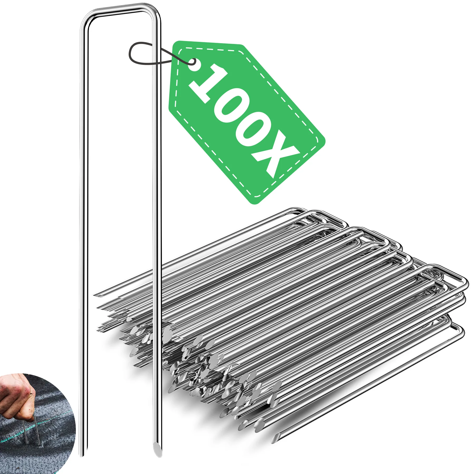 Forever Speed 100 Stück Erdanker Verzinkt Bodenanker aus Stahl, 150 mm Lang 30 mm Breit Ø 3 mm Anti-Rost Heringe Erdnägel Stabil für Unkrautvlies Gartenvlies, Zaun, Mulch, Kunstrasen