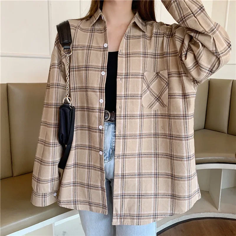 CHAXIAOA Vintage Women Plaid Shirts Autumn Long Sleeve Oversize Button Up Tops Korean Loose Casual Fall Outwear Femme Shirts