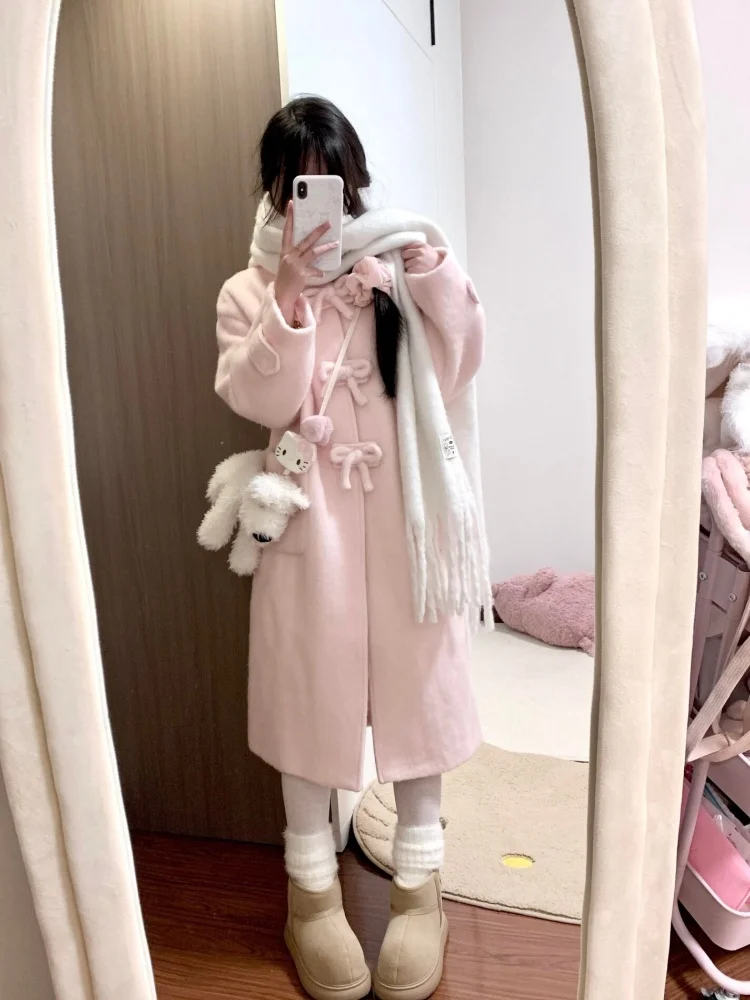 

Элегантное розовое шерстяное длинное пальто для женщин: новинка осенне-зимнего сезона в корейском стиле Хепберн, модная верхняя одежда