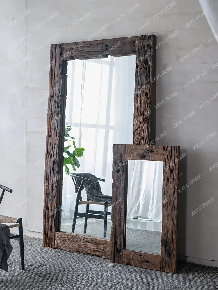 Dressing  Bedroom Floorr Home Full-Length Solid Wood Frame Retro Wall Vertical Full-Length Mirror