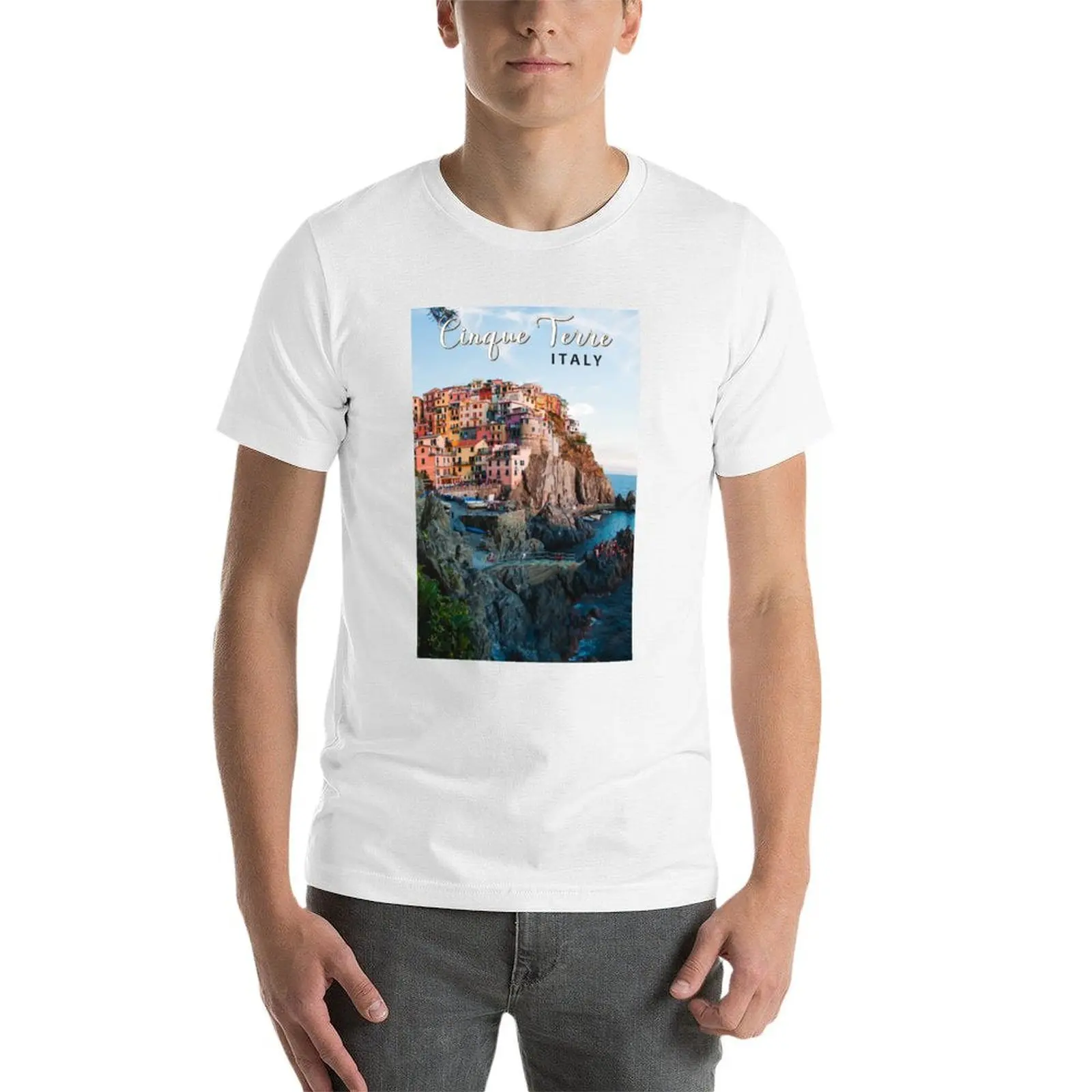 Cinque Terre إيطاليا المائية تي شيرت تقليدي تي شيرت مخصص طباعة رجل تي شيرت الصيف القطن التي شيرت 100% تي شيرت #3