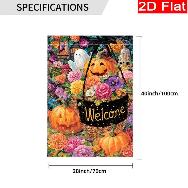 1pc Halloween-Themed Garden Flag Featuring a Ghost, Pumpkin, And Black Bat, Measuring 28X40 Inches. This Double-Sided Flag Is Perfect for Outdoor Home And Courtyard Decoration