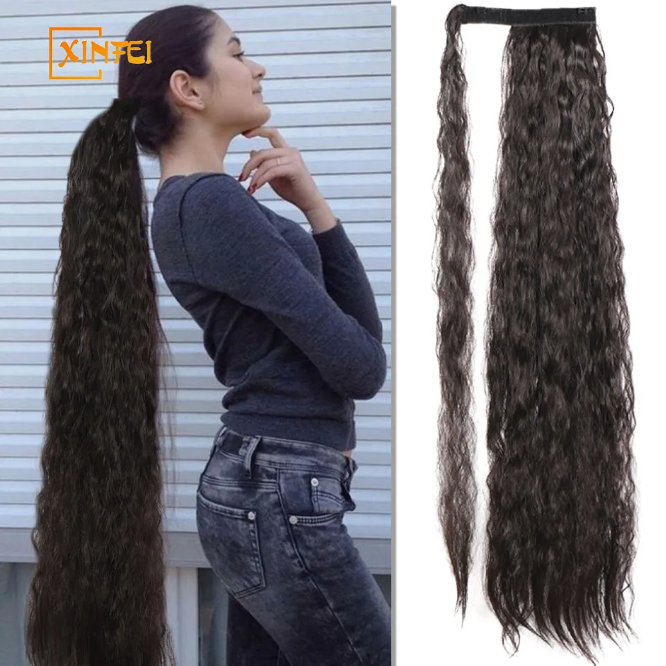 

Synthetic long corn wavy ponytail wig hook and loop black brown blonde hair extended ponytail suitable for ladies to wear daily