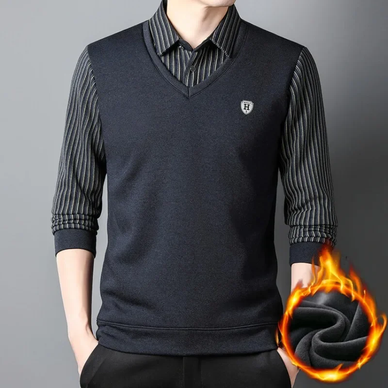 

Autumn and Winter New Polo Shirt with Fleece Fake Two Piece Printed Trendy Men's Business Long Sleeve Shirts Polo Shirt