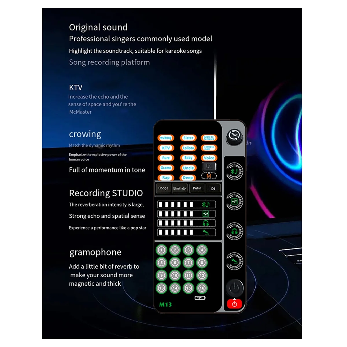 New M13 Voice Changer,Live Voice Card Voice Changer, Handheld Microphone Voice Changer with BT 3.5mm Port DJ Controller