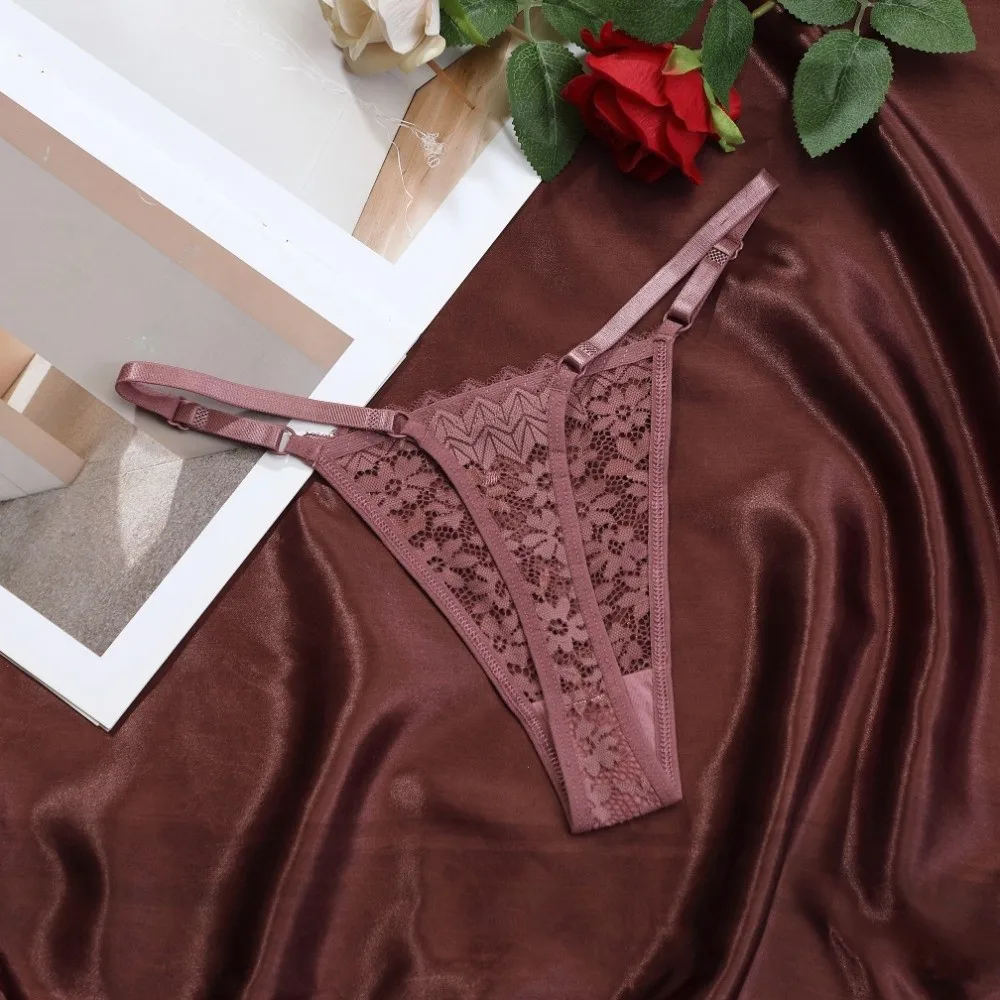 Bequeme, niedrig geschnittene Spitzen-Stringhöschen mit Blumenmuster, weiche, einfarbige, verstellbare Gürtel-Slips, Unterwäsche, transparente T-String-Höschen für Mädchen – Detail 3