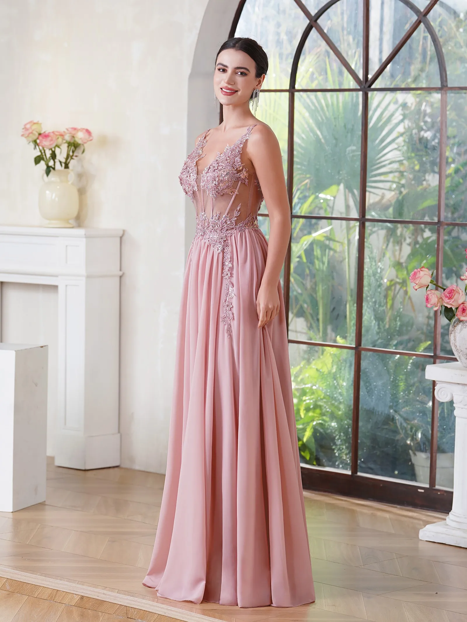 MisShow Exquisite Sequins 3D Floral Lace Evening Dresses Long Sexy Illusion Waist V Back Chiffon Evening Gowns Pink Prom Dress