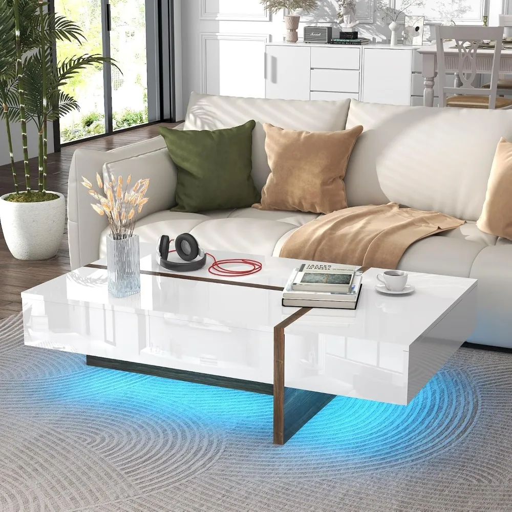 47 Inch Rectangular Coffee Table with LED Lights, Modern Coffee Table with Storage Drawers, Large LED Coffee Table