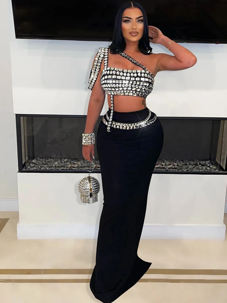 Summer Set Woman 2piece Matching Outfits Party Clubwear Sexy Strapless Crop Tops with Diamonds Evening Long Skirt Set