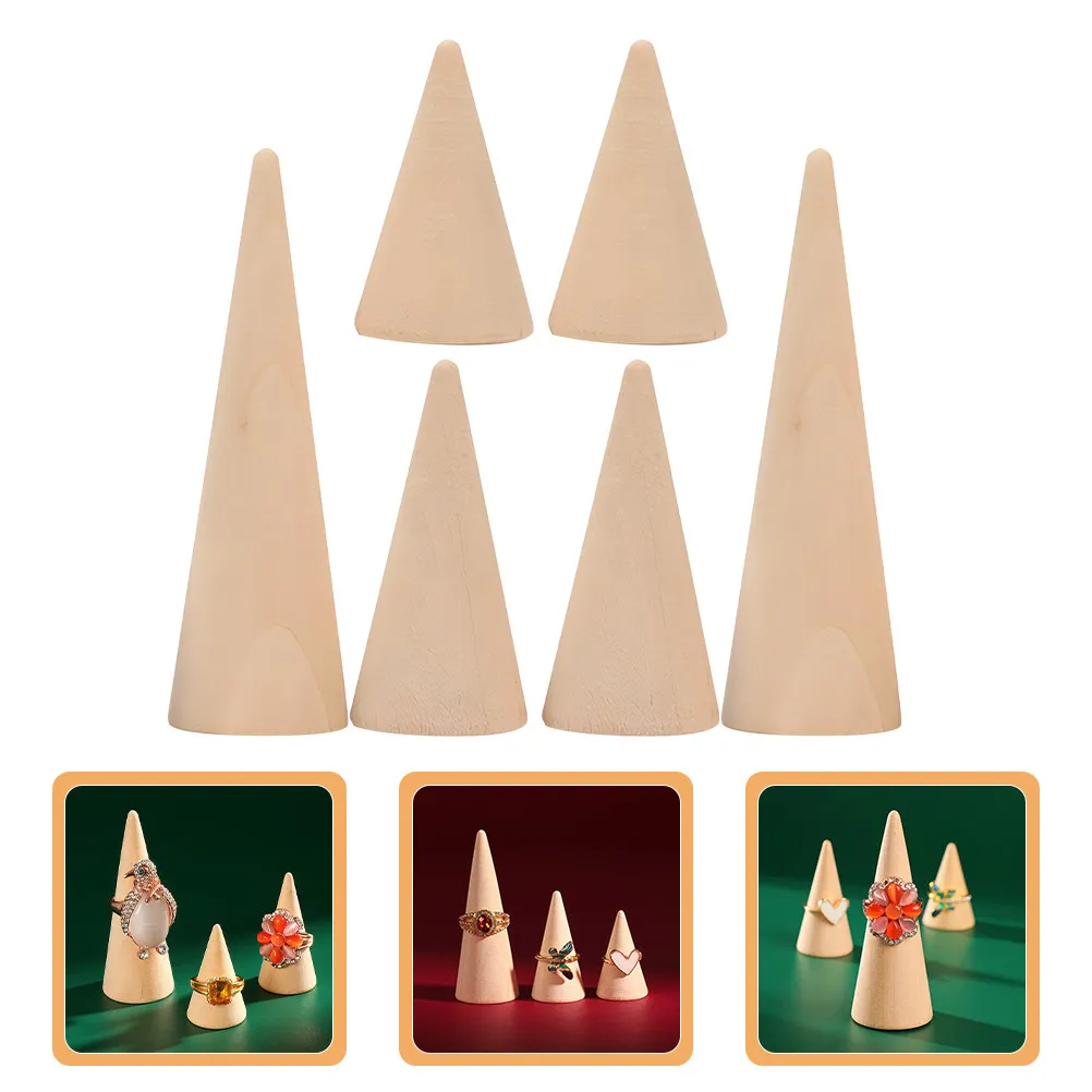 

6Pcs Wood Cone Ring Display Holder Modern Jewelry Stand Wood Rings Organizer Jewelry Display for Retail Vanity Tabletop