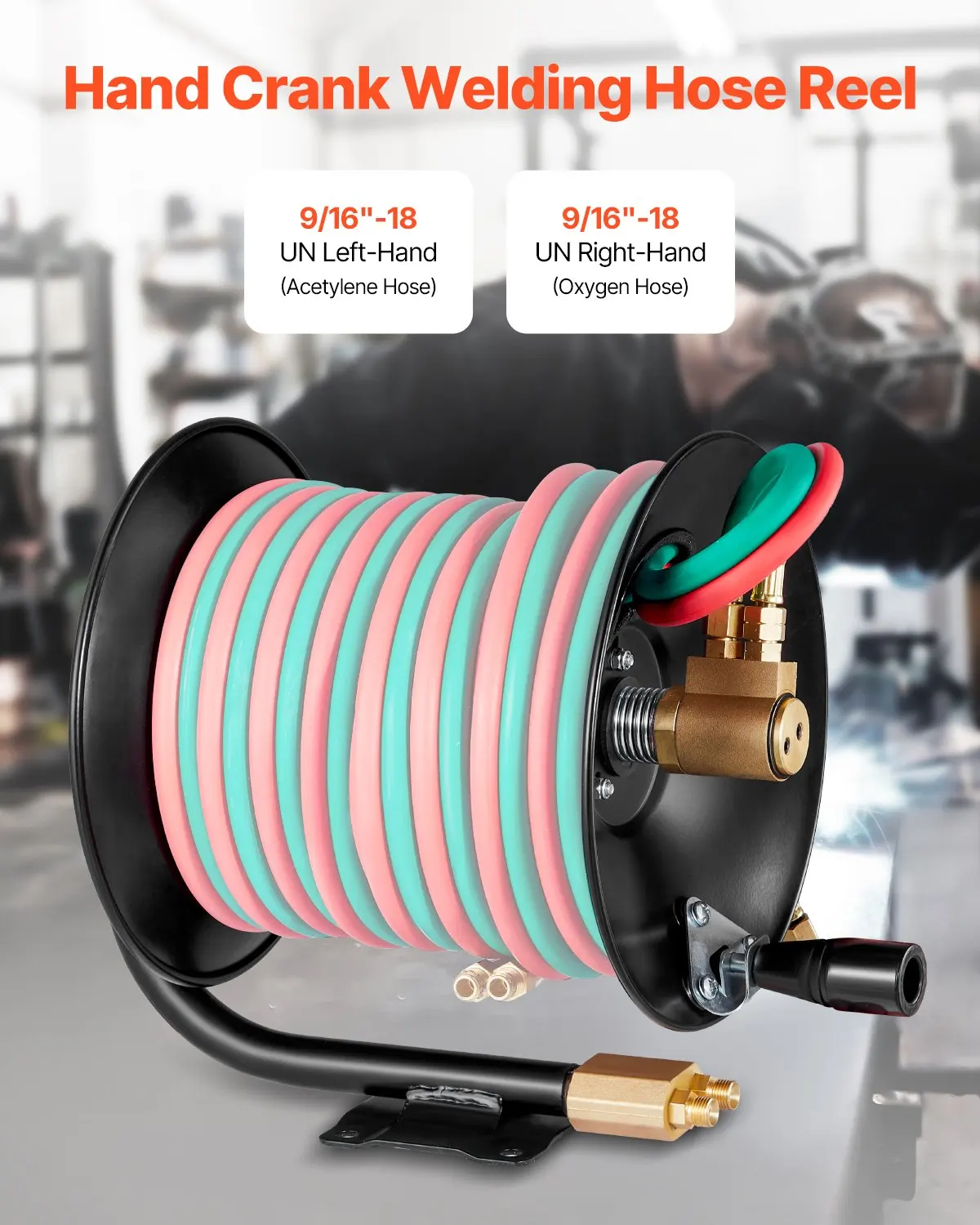 

Welding Hose Reel, Hand Crank Rewind Hose Reel With 3FT Lead-in Hose And 9/16"-18 B Fittings, Ceiling/Wall Mount Heavy Duty