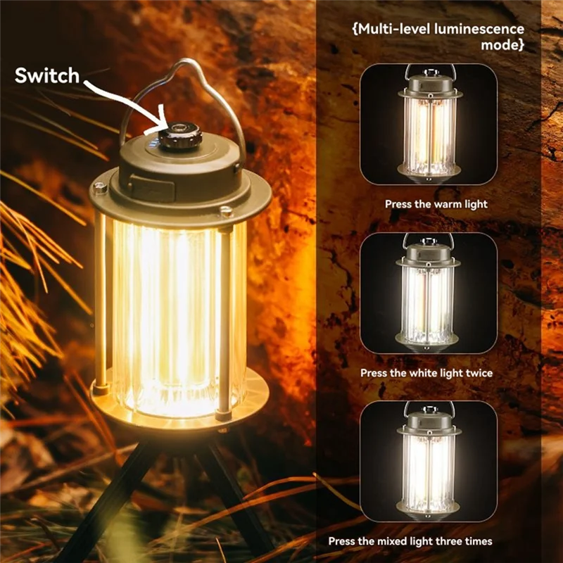 B37B-Outdoor Waterproof USB Rechargeable Camping Light Portable Lantern Flashlight Handheld LED Light 3 Color Light Source