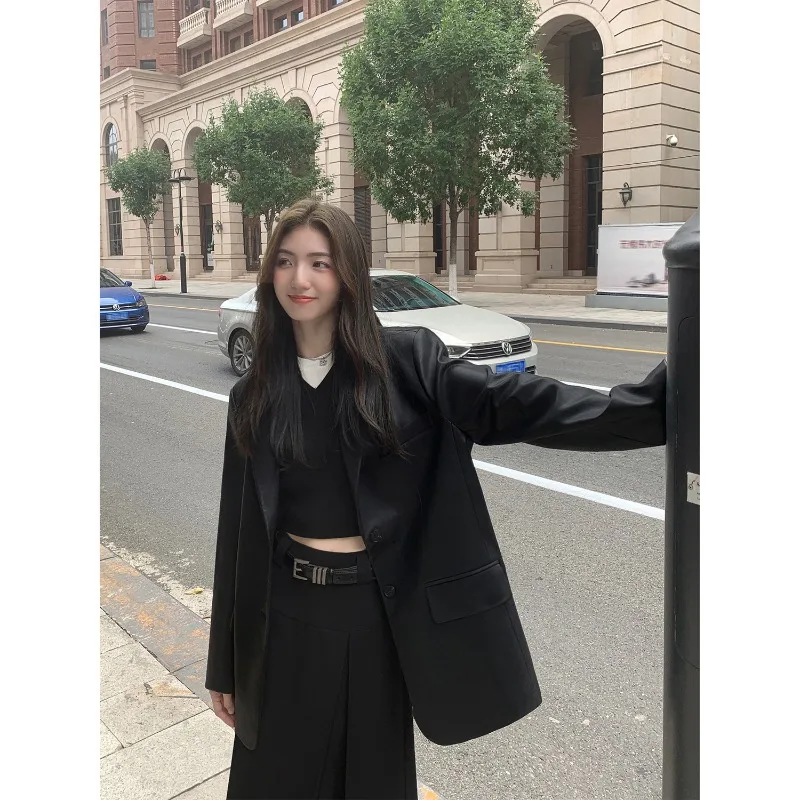 Otoño negro marrón suave Pu chaqueta de cuero mujeres hombreras manga larga solo pecho suelto Casual moda coreana