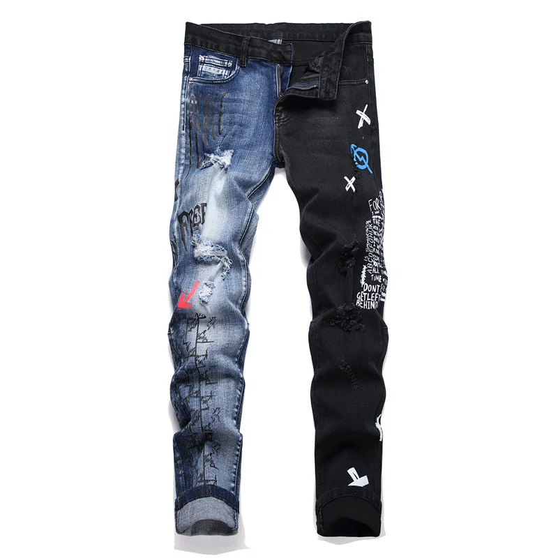 

Men's Fashion Patched Jeans Pants High Street Printed Ripped Denim Trousers With Holes Slim Fit Stretchy Bottoms