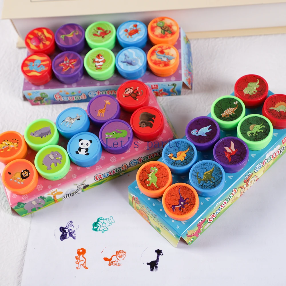 10Pcs Cartoon Marine Animals Dinosaur Self-ink Stamps for Kids Birthday Party Favors Wedding Guest Gifts Halloween Pinata Filler