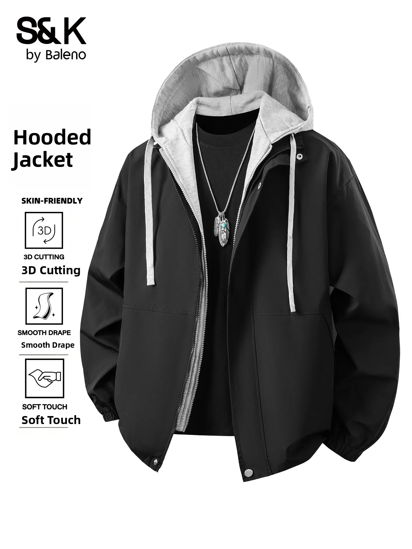 Baleno Men's Loose Fit Windproof Hooded Jacket Fashionable Urban Style Casual Wear Polyester Fabric Long Sleeve Zipper Closure