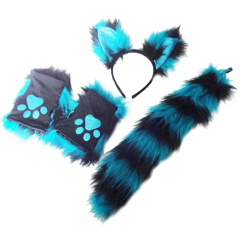 Cat Wolf Fox Tail Faux Fur Ear Headband Paw Gloves Set for Adult Children Halloween Xmas Fancy Party Cosplay Costume