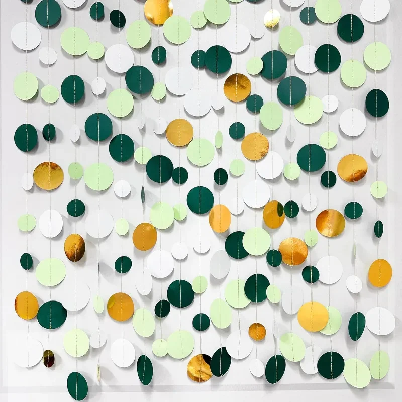 Sage Green Gold Polka Dots Hanging Paper Garlands for Woodland Theme Birthday Baby Shower Graduation Party Decorations Supplies